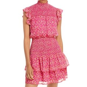 AQUA Pink and Gold Ruffle Smock Neck Cocktail Dress